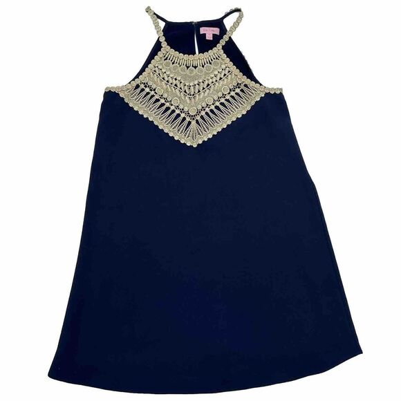 Lilly Pulitzer Pearl Soft Shift Dress True Navy Gold Lace Halter Crepe Sz 4 EUC - Picture 1 of 11